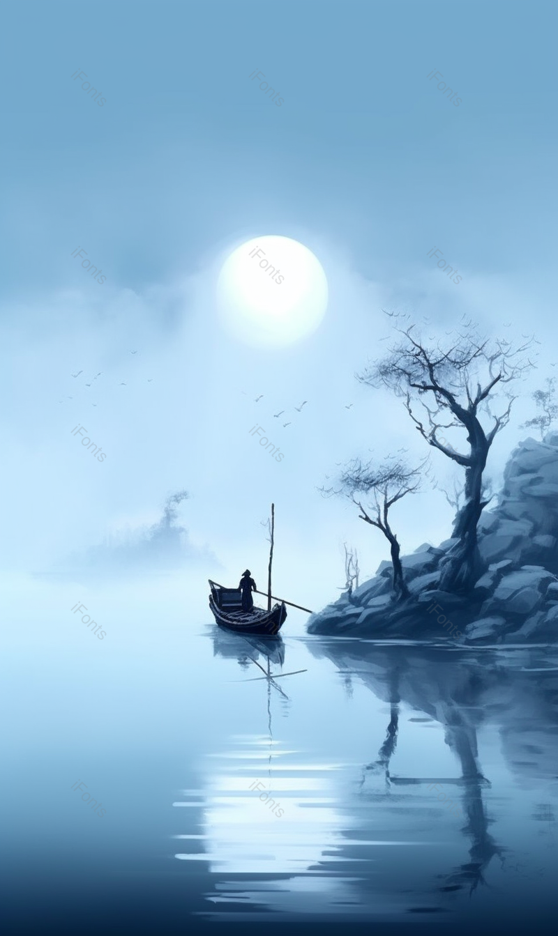 蓝色意境太阳枯树木树枝小船水面涟漪倒影山水画,插画/手绘图,插画/手绘图库,插画/手绘图下载,插画/手绘